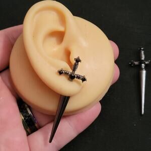 Gothic sword shape silver tone illusion through ear earrings with black crystals